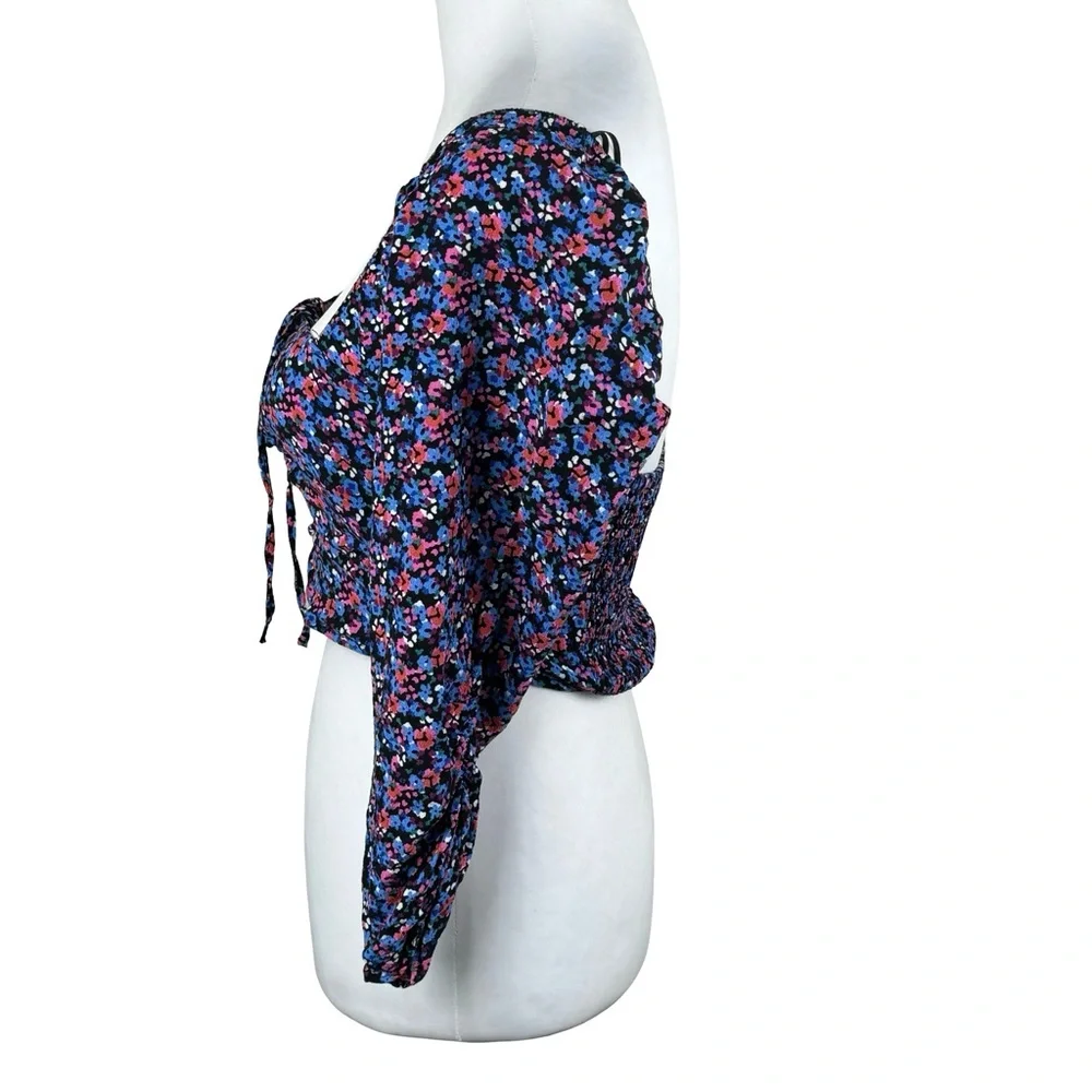 Zara Colorful Floral Convertible Halter 3/4 Sleeve Off Shoulder Crop Top Medium